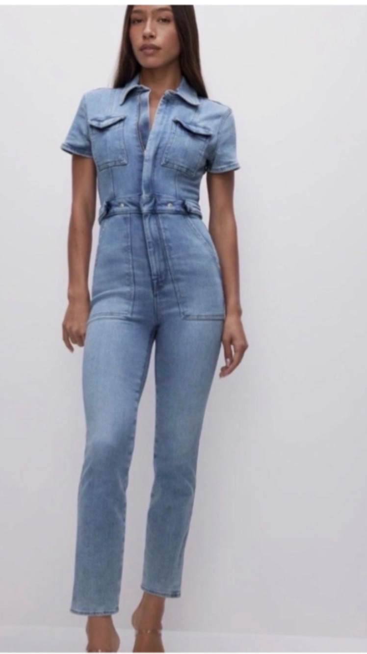 Good American Fit For Success Denim Jumpsuit Size 4 Blue Utility Stretch D31